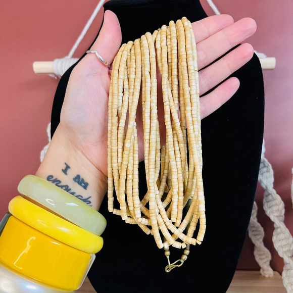 Vintage 1970s Carved Bone Beaded Necklace Neutral Toned Layered Hippie Boho - Picture 6 of 7